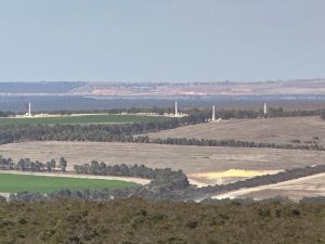 The view over the farm land with windmills at Nilgen lookout.
